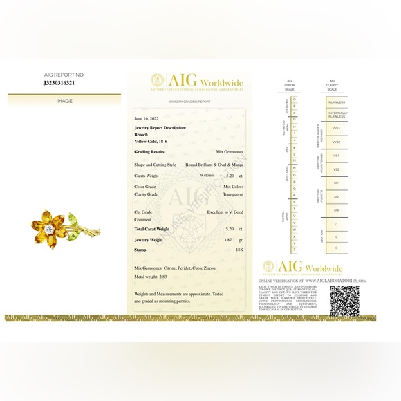 AIG Certified 5.20ct Natural Citrine Peridot Zirconia Floral Brooch - 18K Gold - Picture 8 of 8